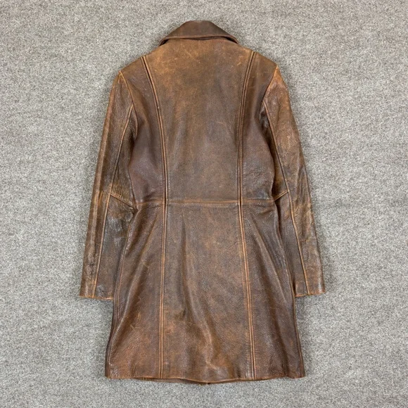 R&O Brand Brown Distressed Leather Trench Coat Jacket Womens S Mid-Length Patina - Picture 2 of 8